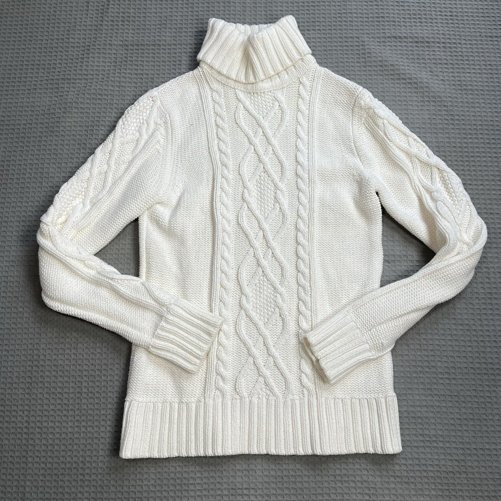 Eddie Bauer Cable Knit Turtleneck Sweater Small Womens Cream Cotton Blend